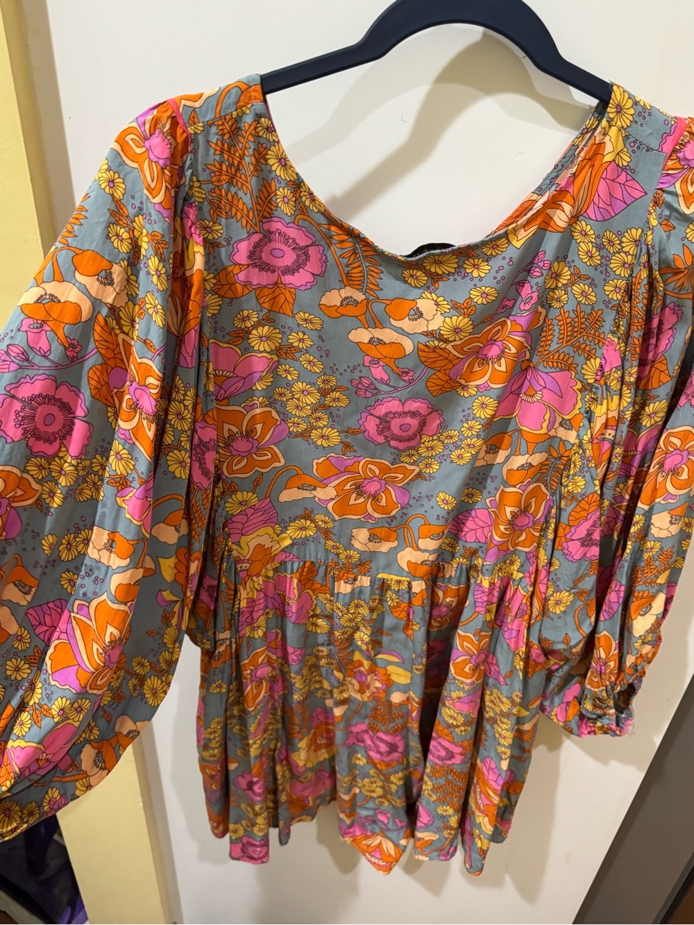 Floral Tie-Front Peasant Romper in Gray, Pink & Orange - Picture 9 of 9